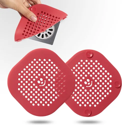 Protector de silicona para drenaje, con ventosa para ducha, cocina, baño, recoge restos de cabello, paquete de 2 color rojo rosa Rosa rojo