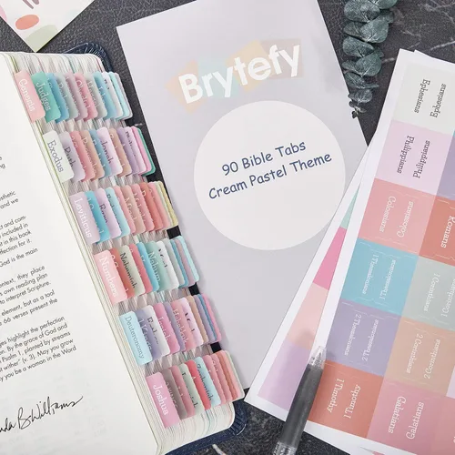 Miniatura 2 de Pestañas de la Biblia en colores pastel crema, pestañas laminadas de la Biblia para mujeres y niñas, 90 pestañas de la Biblia del Antiguo y Nuevo