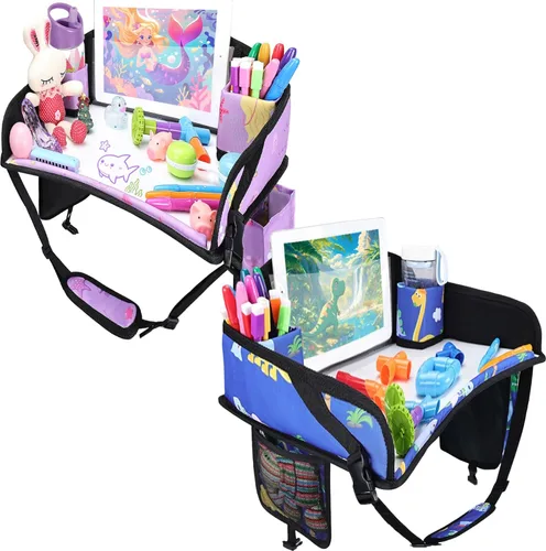 Miniatura 30 de 2 piezas Bandeja de viaje para niños, bandeja para asiento de coche para niños Viaje, Esenciales de viaje en carretera para niños con kit de dibujo