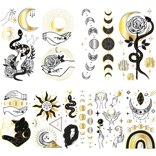 9 hojas de tatuajes temporales pequeños, color negro, calcomanías de tatuaje de cara para hombres y mujeres, dorado metálico, flor espacial, luna,