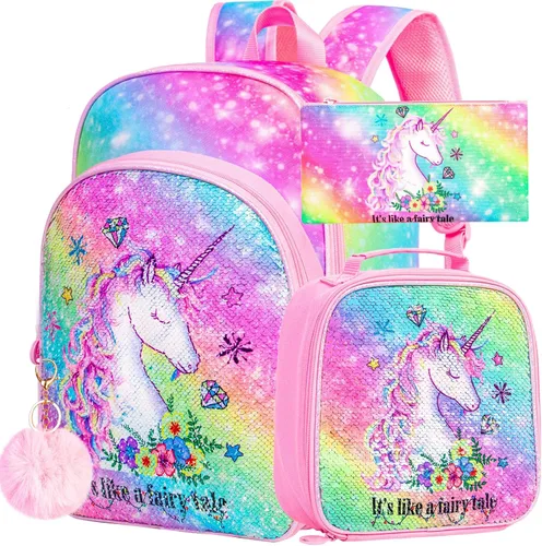 Miniatura 13 de KLFVB 3 mochilas de sirena de unicornio para niñas, bolsa de libros y lonchera de lentejuelas de 16 pulgadas, mochilas preescolares para primaria