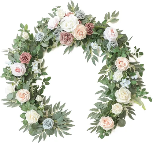 Miniatura 9 de Floroom Guirnalda de eucalipto artificial de 6 pies con flores, vegetación falsa, guirnalda de vid floral sintética para decoración de mesa, centros