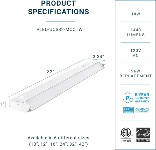 Miniatura 2 de PARMIDA - Iluminación LED giratoria para debajo del gabinete, instalación cableada o enchufable, 32 pulgadas, 18 W, 5CCT seleccionable por