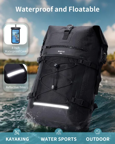 Miniatura 5 de ECOHUB Mochila impermeable para mujeres y hombres, bolsa seca resistente de 30L con cierre enrollable para viajes con funda impermeable IPX8