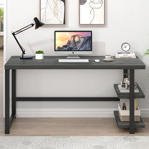 Miniatura 7 de EXCEFUR Escritorio industrial para computadora, escritorio de oficina en casa con estantes de almacenamiento, mesa de estudio de madera para Gris