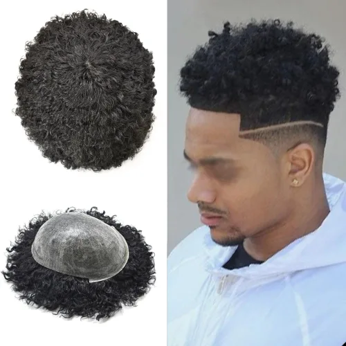 Miniatura 9 de FACE MIRACLE Afro Toupee para hombres negros, extensiones rizadas para hombre, todos los sistemas de cabello humano de poliuretano afroamericano 1B#