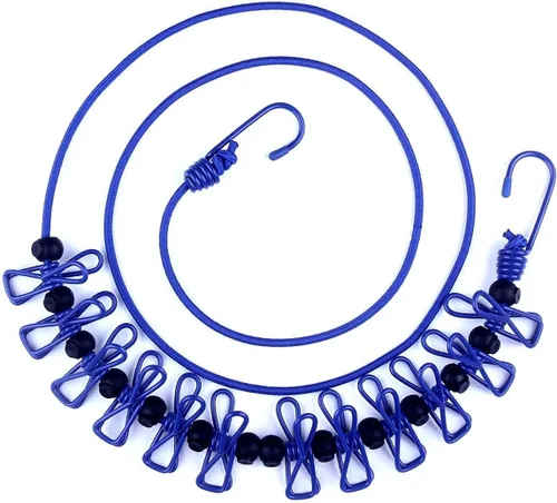 Tendedero portátil de viaje, elástico ajustable para viajes, camping, tendedero retráctil con 12 clips para uso en exteriores e interiores (azul)