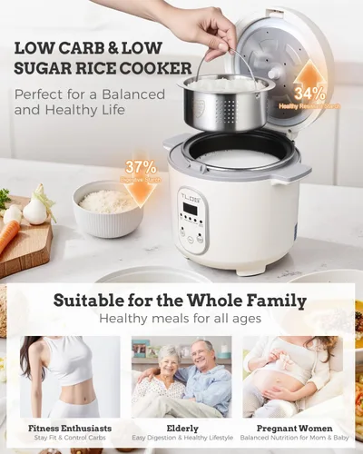 Miniatura 2 de TLOG Arrocera baja en carbohidratos 2L (8 tazas cocidas), arrocera saludable baja en azúcar con cesta de vapor de acero inoxidable 304, 5 preajustes