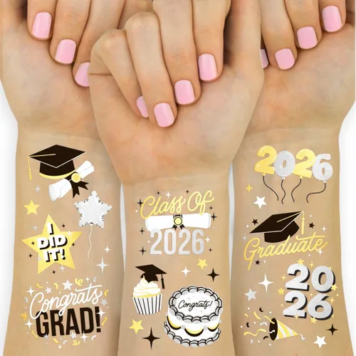 xo, Fetti Tatuajes temporales de graduación 2026 – 48 estilos de aluminio | Decoraciones de fiesta de graduación, accesorio para niñas graduadas