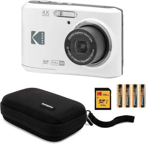 Kodak PIXPRO FZ45 - Cámara digital Zoom amigable (blanco) paquete con estuche de viaje plegable de almacenamiento, tarjeta de memoria Full HD de 128
