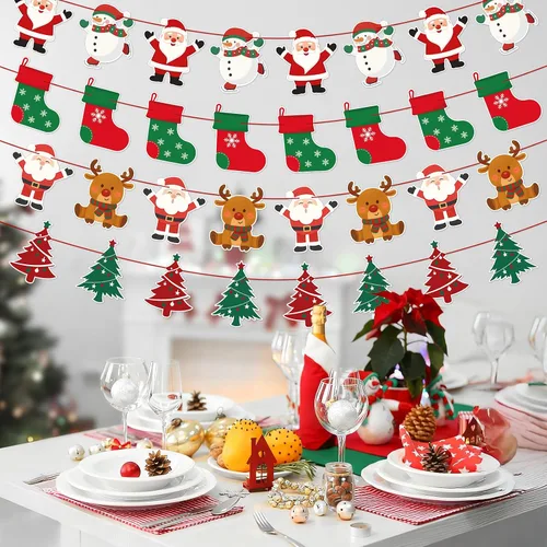 Miniatura 7 de jijAcraft Paquete de 4 pancartas de Navidad, decoraciones de Navidad con diseños de Papá Noel, muñeco de nieve, reno y árbol, guirnalda colgante