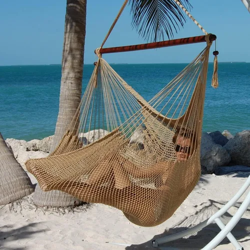Miniatura 4 de Larga silla hamaca grande caribeña con reposapiés, 48 pulgadas, poliéster, silla de colgar., Bronceado Moca