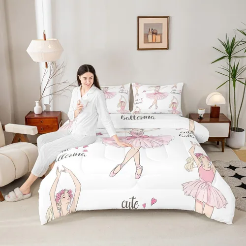 Miniatura 5 de Erosebridal Juego de ropa de cama de princesa de ballet, tamaño Queen, juego de edredón de 3 piezas para niñas bailarinas de ballet, lindo juego