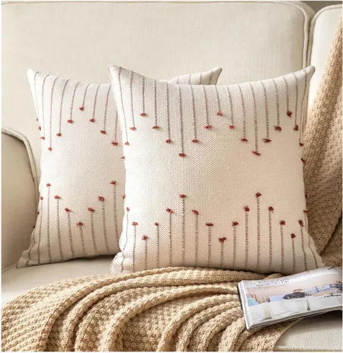 Miniatura 8 de Caflife Fundas de almohada boho de 18 x 18 pulgadas, juego de 2 almohadas decorativas para cama, fundas de almohada beige con línea negra para sofá