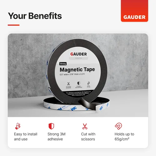 Miniatura 2 de GAUDER Cinta magnética fuerte autoadhesiva (3.3 pies de largo x 0.5 pulgadas de ancho) Tiras magnéticas con respaldo adhesivo Rollo magnético