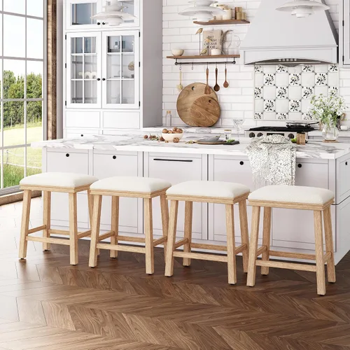 Miniatura 25 de ALPHA HOME Taburete de bar, taburete de cocina de silla de montar de madera maciza con cojín de tela de lino beige, taburete de bar de altura