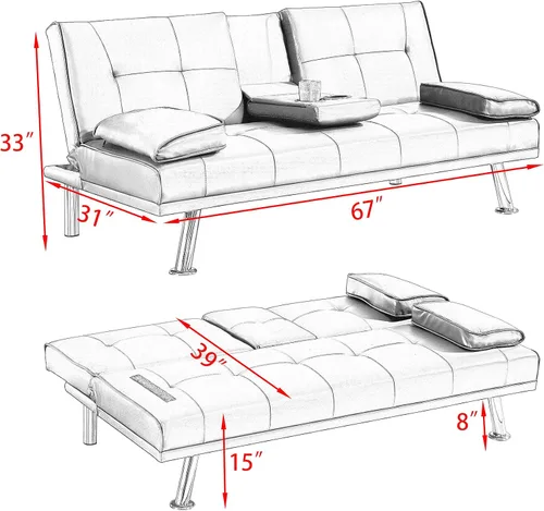 Miniatura 2 de Sofá cama plegable doble multifuncional de 67 pulgadas con 2 portavasos, sofá biplaza de cuero con reposabrazos extraíbles, sofá cama plegable Rojo
