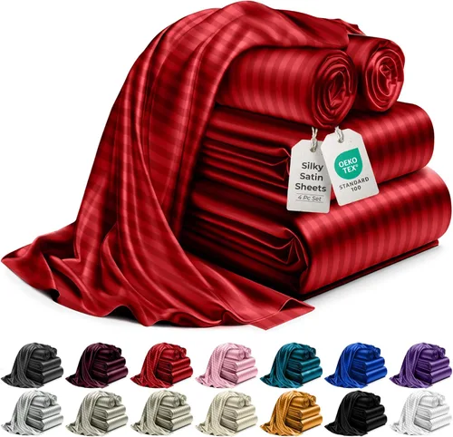 Miniatura 23 de DECOLURE Sábanas de satén para cama - Juego de 6 piezas de ropa de cama de lujo sedosa tamaño King - Más suave que la seda, sin arrugas con sábana