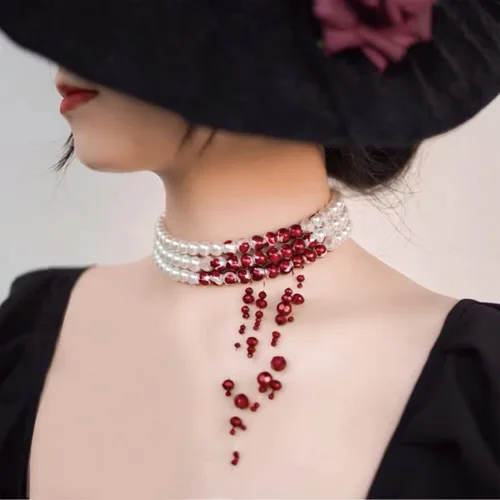 Miniatura 2 de Dripping Blood Choker Imitation Pearls Halloween Party Necklace Vampire Party Costume