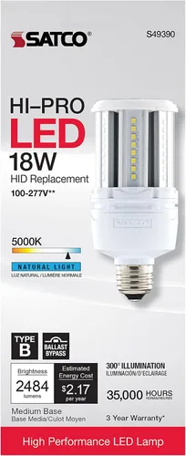 Miniatura 5 de Satco Bombilla LED de mazorca de maíz de 18 W, repuesto HID para iluminación de garaje y comercial, luz diurna de 5000 K, base E26, derivación