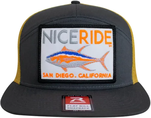 NICERIDE Gorra de pesca "Sorry Charlie Patch" de 7 paneles, color carbón y oro, unisex, ajustable, con logotipo de parche bordado, sombrero trasero