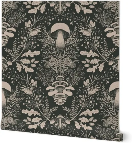 Papel tapiz para despegar y pegar, diseño de damasco de bosque de hongos, verde oscuro, bosque, caracol, helecho, bellota, papel tapiz extraíble