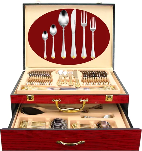 Miniatura 5 de Juego de cubiertos de lujo de 75 piezas para 12 con estuche de almacenamiento de madera, servicio de cubiertos de comedor de alta calidad, cubiertos