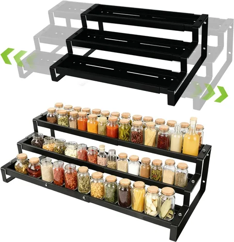 Organizador de especias de 3 niveles para gabinete, organizador de cocina expandible de 14.4 a 26.1 pulgadas, organizador de condimentos y despensa