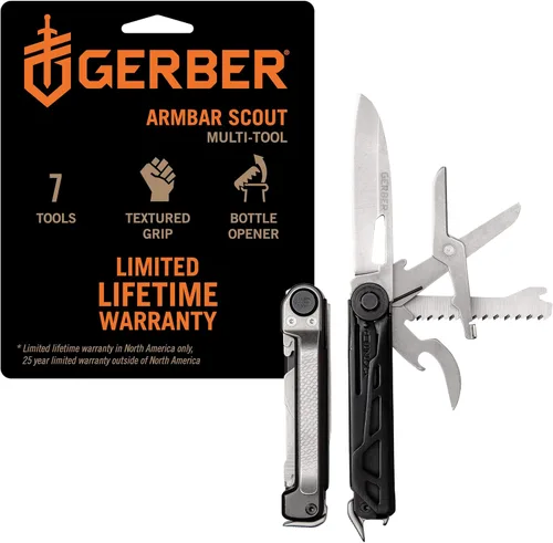 Gerber Gear Armbar Scout Multiherramienta 7 en 1 - Hoja de borde liso de 2.5 pulgadas, martillo, tijera, sierra, equipo EDC - Onyx