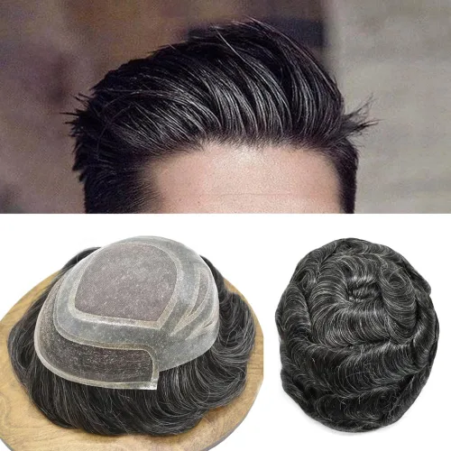 Miniatura 22 de Sistema de repuesto de piezas de cabello humano tipo tupé para hombre, transpirable, encaje francés, peluca para hombre, peluca de piel de #1B Negro