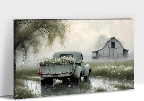 Miniatura 14 de Lienzo de pared de camión antiguo de granja, arte de pared de granero rústico, impresiones de lienzo de camioneta vintage de campo, impresiones