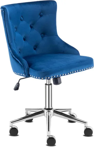 Miniatura 8 de VINGLI Silla de Escritorio de Terciopelo Azul Marino sin Brazos para Oficina en Casa con Base/Ruedas Doradas, Linda Silla de Tocador/Maquillaje