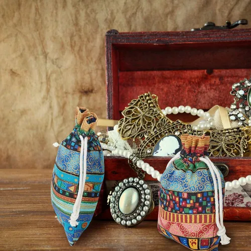 Miniatura 5 de Paquete de 56 bolsas de joyería de caramelo egipcio, bolsas de monedas con estampado azteca, bolsa de regalo con cordón para regalos de devolución