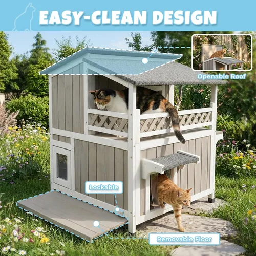Miniatura 8 de Casa de madera para gatos para exteriores e interiores, resistente a la intemperie, refugio para gatos de dos pisos, hogar cerrado para gatos