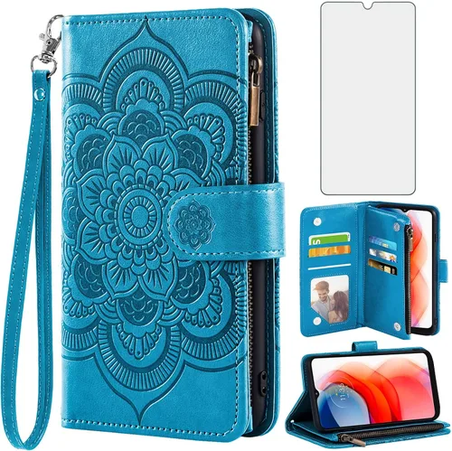 Asuwish Funda tipo cartera compatible con Moto G Play 2021 y protector de pantalla de vidrio templado, funda de cuero con diseño de flores para