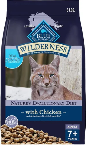 Blue Buffalo Alimento para gatos maduros, receta de pollo natural Wilderness Natural, alimento seco para gatos mayores, bolsa de 5 libras