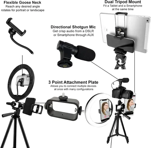 Miniatura 5 de Acuvar Kit de vlogging premium de 9 piezas para iPhone, Android y cámaras, micrófono, soporte de trípode y luz LED, paquete de YouTube, TikTok