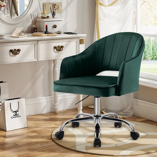 Miniatura 10 de MOJAY Silla de tocador moderna con ruedas, silla de oficina en casa de terciopelo recortado de respaldo medio, asiento suave giratorio de altura