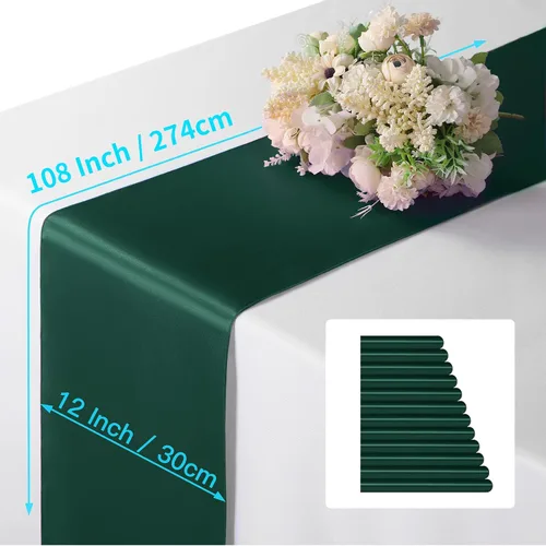 Miniatura 4 de Manyshofu 24 piezas de camino de mesa de satén verde oscuro - 12 x 108 pulgadas de largo, camino de mesa para fiesta, decoraciones brillantes