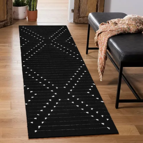 Miniatura 11 de LIVEBOX - Alfombra boho negra de 5 x 7 pies, grande y lavable para sala de estar, alfombra de algodón marroquí para dormitorio, interior y exterior