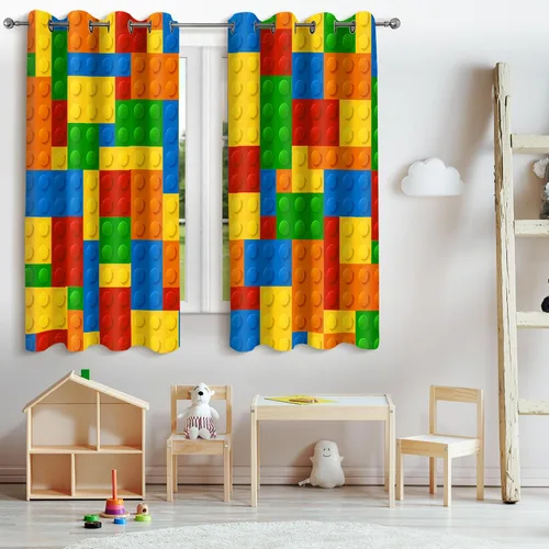Miniatura 2 de Jekeno Cortinas Opacas Coloridas con Bloques de Construcción - Cortinas de Juguete Geométricas Abstractas para Niños Niñas Adolescentes Dormitorio