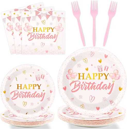 Tevxj Juego de vajilla rosa de 96 piezas para fiesta de cumpleaños, decoración de mesa de oro rosa, platos de postre multicolor, servilletas,