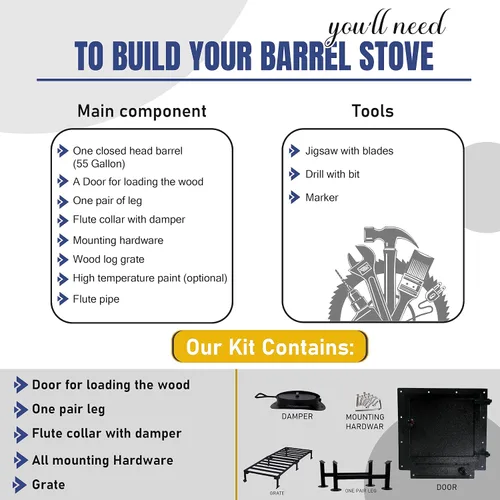 Miniatura 3 de Kit de estufa de leña de barril, perfecto para barril de metal de barril de 30 a 55 galones, con kits de estufa de barril de rejilla de barril