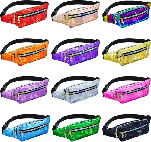 Riñoneras holográficas de 12 piezas para mujeres y niños, cintura deportiva de color metálico, paquete de cintura brillante con cinturones