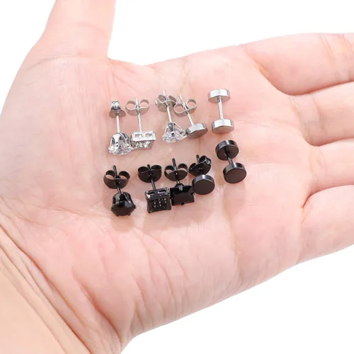 Miniatura 5 de FIBO STEEL 10 pares de aretes de acero inoxidable para hombres y mujeres piercings de oreja de túnel de oreja con incrustaciones de circonita cúbica
