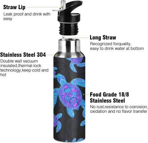 Miniatura 3 de Insulated Water Bottle 20 Oz, Leakproof Water Bottles for Gym Outdoor Travel School, Neon Sea Turtles Black