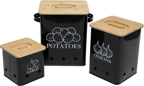 Miniatura 12 de Juego de 2 latas de almacenamiento de verduras de cocina, cebolla y papas con tapa de madera y agujeros de aireación, organizador de contenedor
