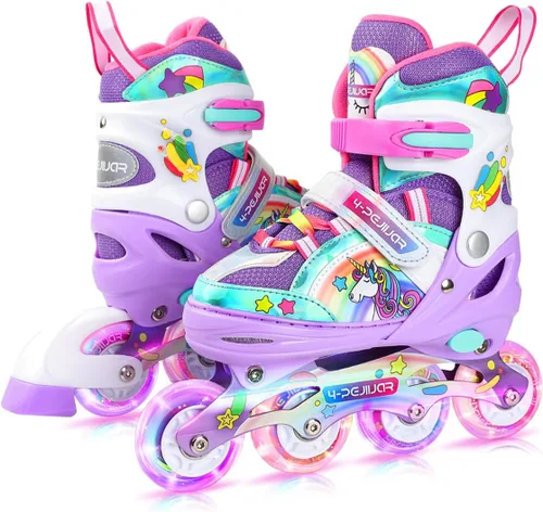 Patines en línea de unicornio arcoíris para niñas, adolescentes y mujeres, patines 4-Pejiijar para niñas de 6 a 8 a 12 años con ruedas luminosas,