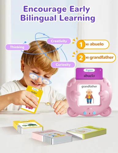 Miniatura 4 de Tarjetas didácticas parlantes en español e inglés para niños pequeños, 510 palabras visuales bilingües rosadas, juguetes educativos para niñas