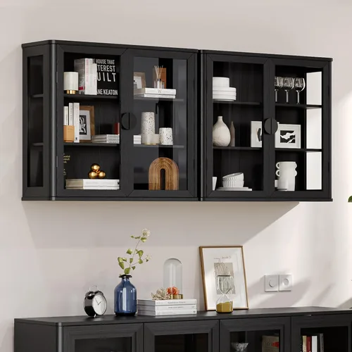 Miniatura 14 de NEWOWNDS Gabinete de Almacenamiento de Pared con Vitrina de Vidrio Templado Negro, Gabinete de Pared para Baño, Gabinete Montado en la Pared